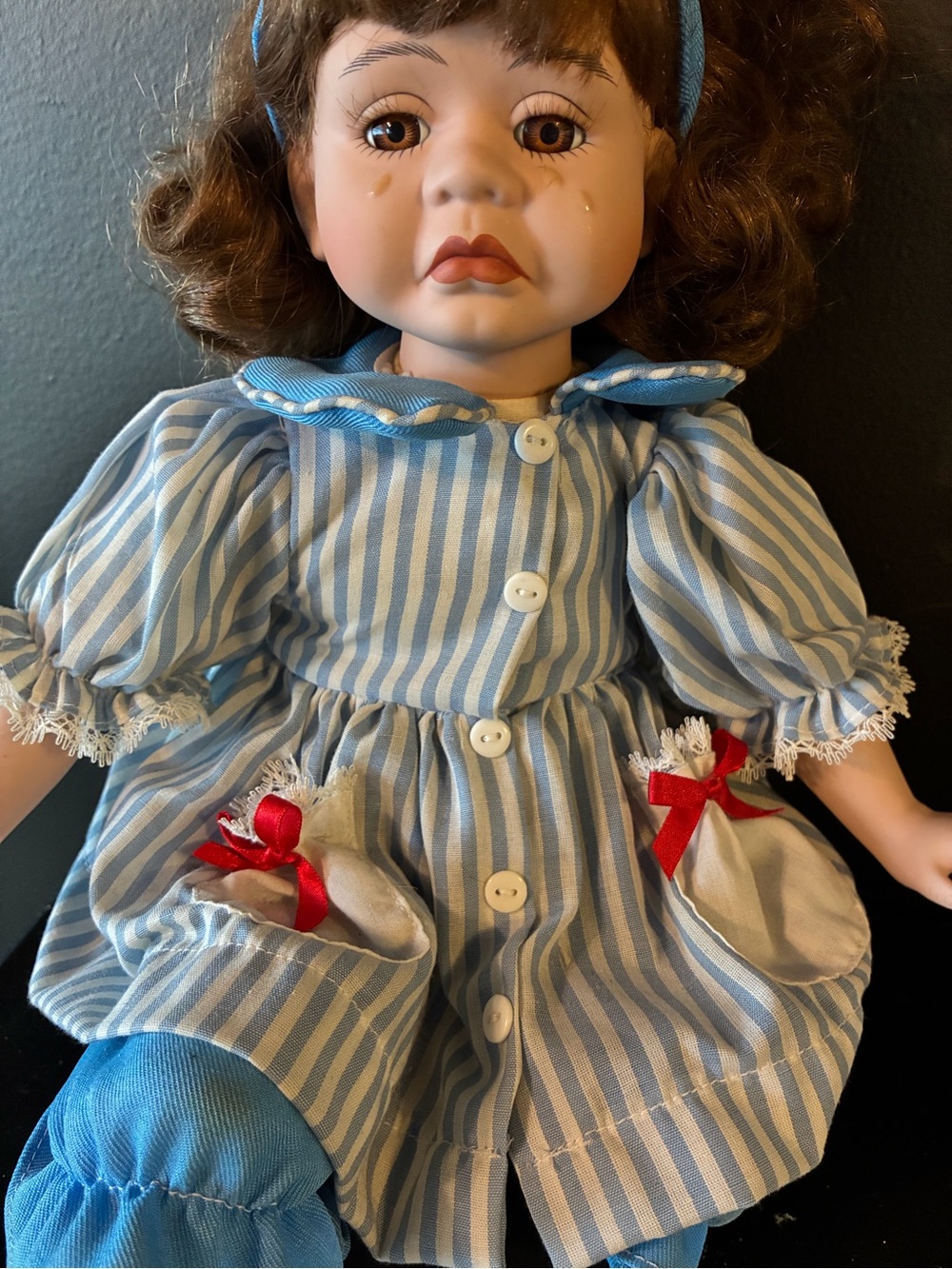 Heritage Blue & White Striped Porcelain Doll with Red Bow Accents
